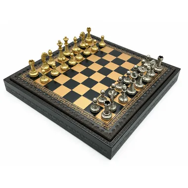 Komplettes Schachspiel Mignon Flower IX mit schwarzem Schachbrett und goldenen und silbernen Metallfiguren