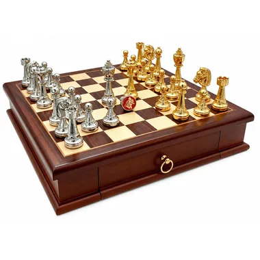 Schachset Classic Flower 3 mit Holzschachbrett und gold- und silberplattierten Figuren