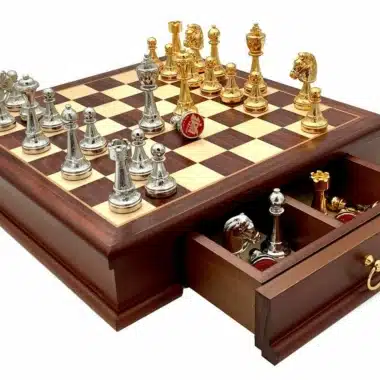 Alternative view of Classic Flower 3 Schachset mit Holzaufbewahrungsschublade und Schachfiguren aus vergoldetem und versilbertem Metall