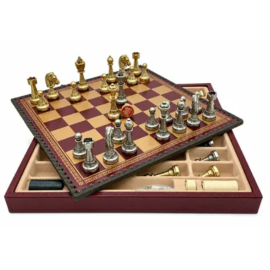 Staunton Mix V Set mit geöffneter Aufbewahrungsschublade und zusätzlichen Figuren
