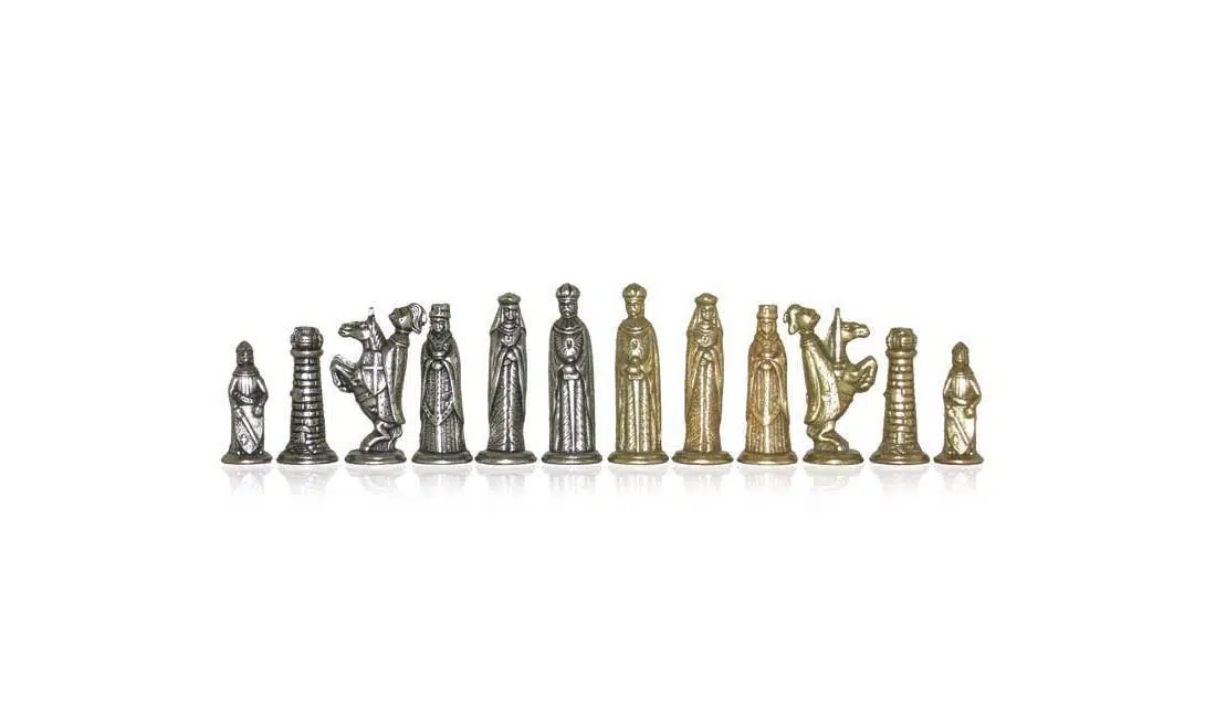 Mittelalterliches V-Set Kunstlederschachbrett & Schachspiel aus Massivmetall – Bild 6