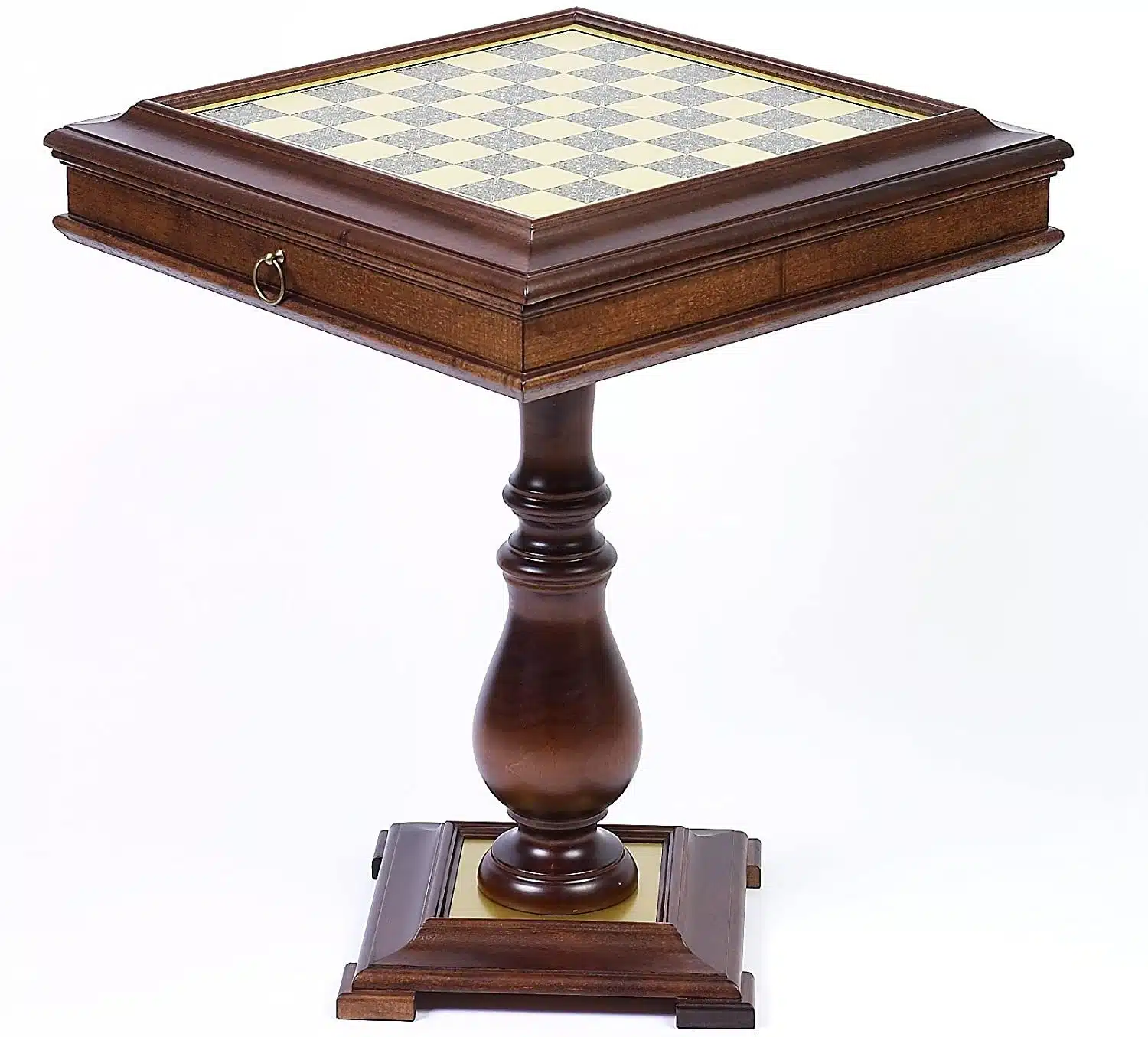 Schach- und Backgammon-Tisch mit Schachbrett aus Holz & Messingplatte mit integriertem Aufbewahrungsfach