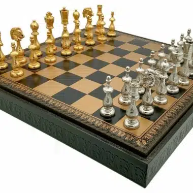 Arabic Style V Schachbrett Set Schwarzes Kunstlederschachbrett mit Aufbewahrung und Schachspiel aus gold- und silberbeschichtetem Metall