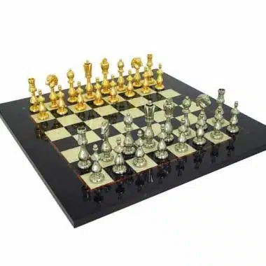 Set "Arabic Style" Schachbrett aus Ahornholz und Schachspiel aus gold- und silberbeschichtetem Metall