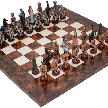 Rom und Ägypten III Schachbrett aus Ulmen- und Heidekrautholz & handbemaltes Schachspiel aus Zinn