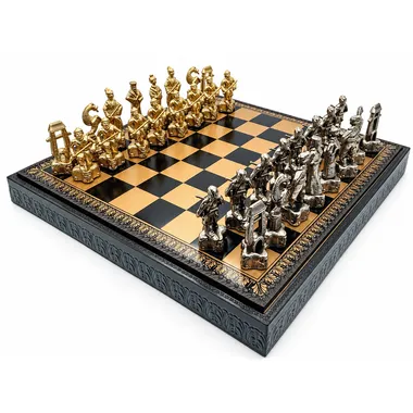 Komplettes Schachset Samourai II mit goldfarbenem und schwarzem Brett und Metallfiguren