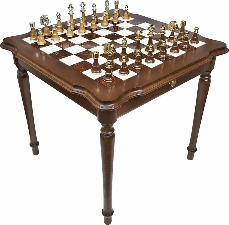 Set Staunton XL IV Schachtisch aus Holz und Carrara-Marmor & Schachspiel aus Holz und Marmor