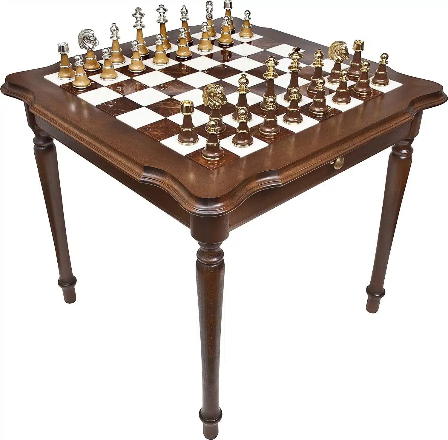 Set Staunton XL IV Schachtisch aus Holz und Carrara-Marmor & Schachspiel aus Holz und Marmor