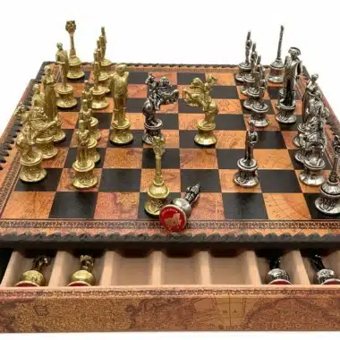 Napoleon-Set Schachbrett aus Kunstleder Alte Welt mit Aufbewahrung & Schachspiel aus Massivmetall