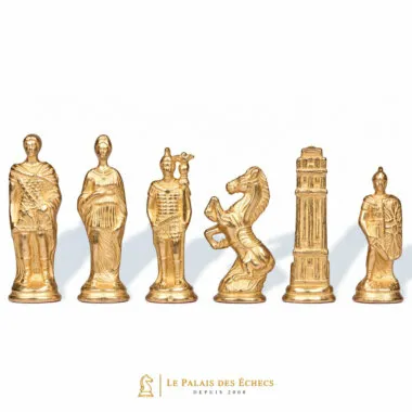 Goldene Figuren Römer vs Barbaren III, Dame, König, Springer und Turm aus massivem Metall