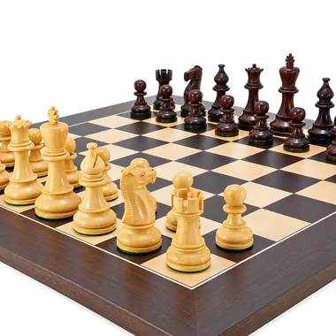 Set "Atlantic" Schachbrett aus Wenge und Schachspiel aus vergoldetem Rosenholz