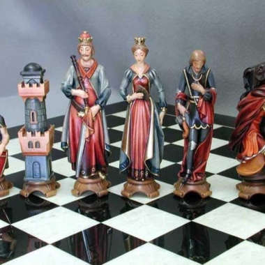 Jeu d'Echecs "Renaissance Peint à l'Huile" en Bois des Alpes Massif Sculpté Traditionnellement