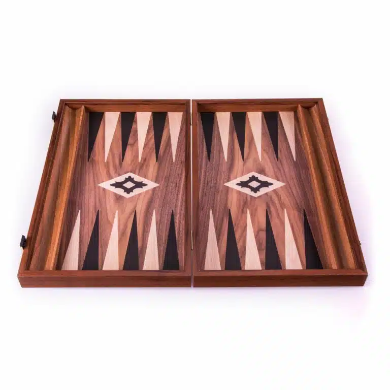 Backgammon Schichtholz Nussbaum mit seitlichen Stützen