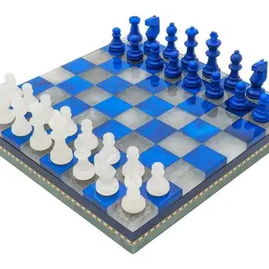 Blau-weißes Set aus Schachbrett und Schachspiel aus antikem Marmor mit Aufbewahrungsbox