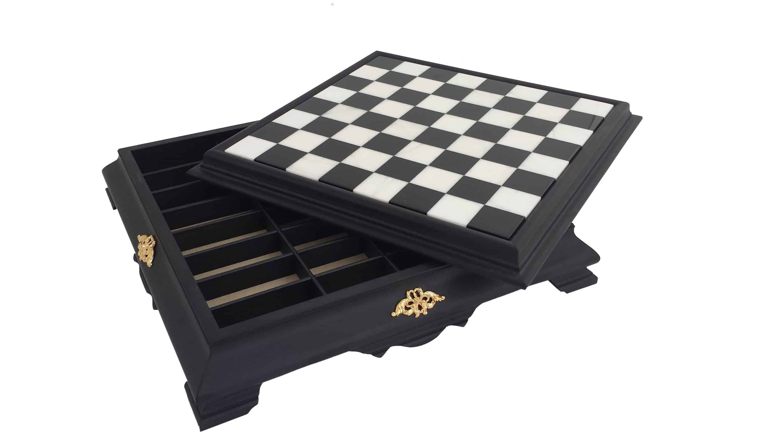 Schachbrett auf Schwarz-Weiß Holz und Spielbrett aus Carrara-Marmor mit Aufbewahrung – Bild 2