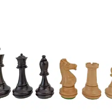 Schachfiguren aus Ebenholz und hellem Holz nebeneinander aufgereiht