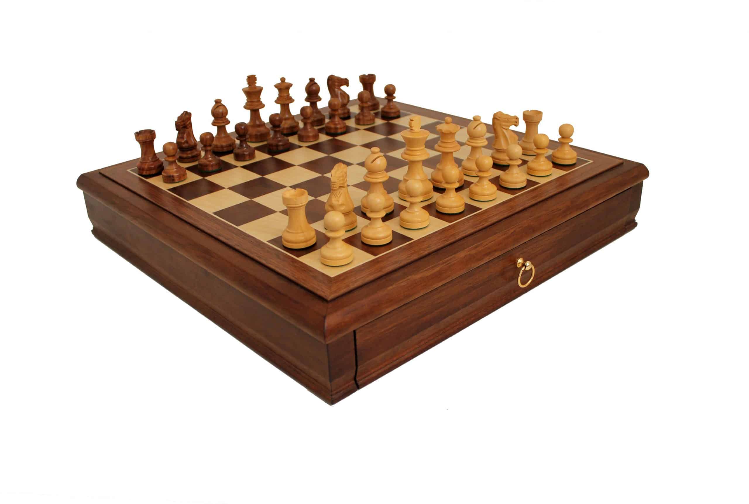 Set "Tilleul Small" Schachbrett aus Nussbaum mit Aufbewahrungsschublade & Staunton Schachspiel aus Holz – Bild 3