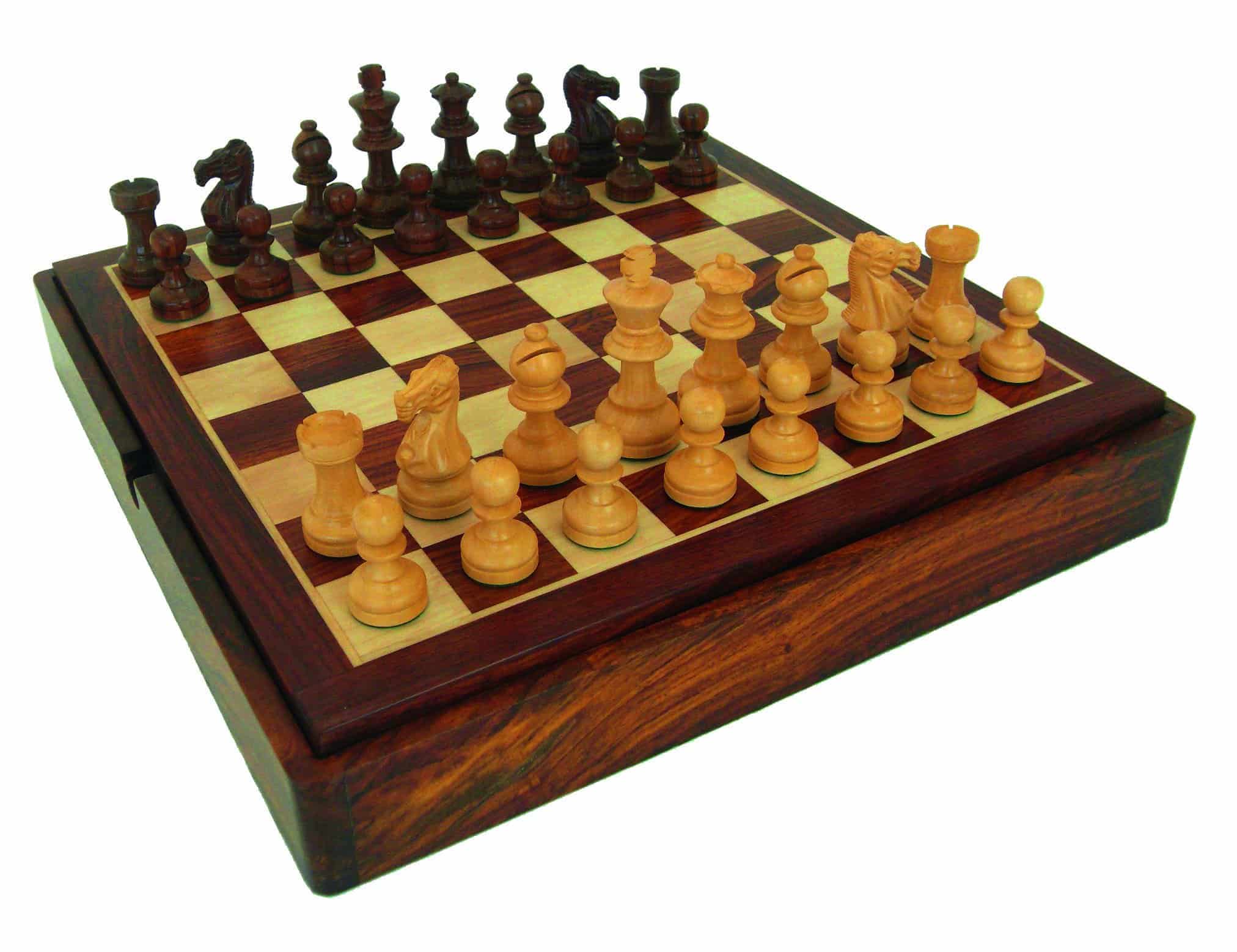 Classic VIII Schachbrett aus Gold-Rosenholz mit integriertem Stauraum & Schachspiel aus Gold-Rosenholz