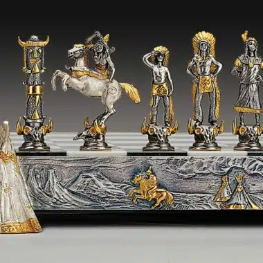 Alternative view of Indien vs Cowboy Schachbrett und Schachspiel aus Bronze, Onyx und 24 Karat Gold