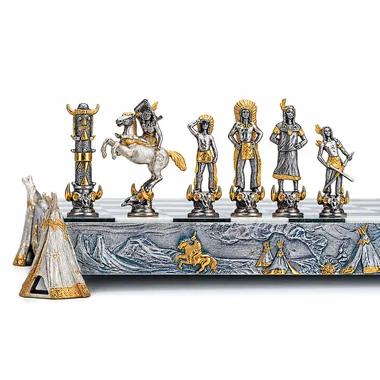 Alternative view of Indien vs Cowboy Schachbrett und Schachspiel aus Bronze, Onyx und 24 Karat Gold