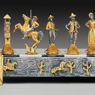 Alternative view of Cow Boy vs Indianer Schachbrett und Schachspiel aus Bronze, Onyx und 24 Karat Gold
