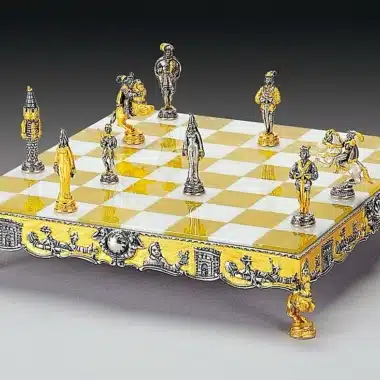 Gulliver und die Lilliputaner Schachbrett- und Schachspiel-Set aus Bronze, Onyx und 24 Karat Gold