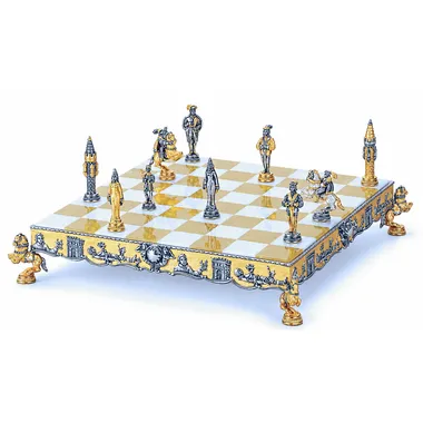 Gulliver und die Lilliputaner Schachbrett- und Schachspiel-Set aus Bronze, Onyx und 24 Karat Gold