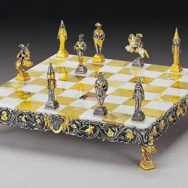 Gulliver und die Lilliputaner II Schachbrett und Schachspiel aus Bronze, Onyx und 24 Karat Gold