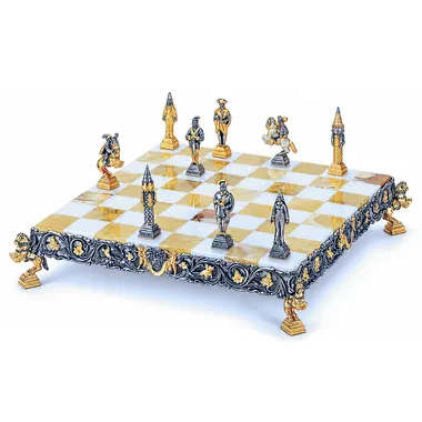 Gulliver und die Lilliputaner II Schachbrett und Schachspiel aus Bronze, Onyx und 24 Karat Gold