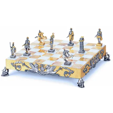 Römisches Empire Schachbrett-Set und Schachspiel aus Bronze, Onyx und 24 Karat Gold