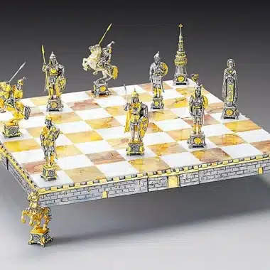 Dimitri Donskoj Set Russischer Prinz des 15. Jahrhunderts Schachbrett und Schachspiel aus Bronze, Onyx und 24 Karat Gold