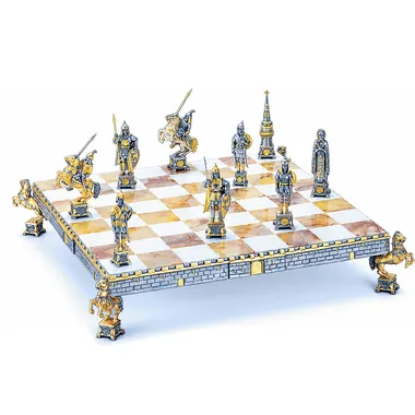 Set Dimitri Donskoj Russischer Fürst des 15. Jahrhunderts Schachbrett und Schachspiel aus Bronze, Onyx und 24-Karat-Gold