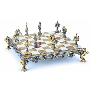 Set Mittelalter Schachbrett und Schachspiel aus Bronze, Onyx und 24 Karat Gold