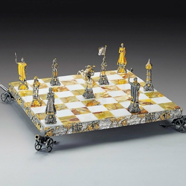 Ensemble "Napoléon Bonaparte" Echiquier et Jeu d'Echecs en Bronze, Onyx et Or 24 Carats