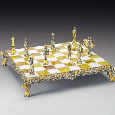 Ensemble Henri II d'Angleterre Echiquier et Jeu d'Echecs en Bronze, Onyx et Or 24 Carats