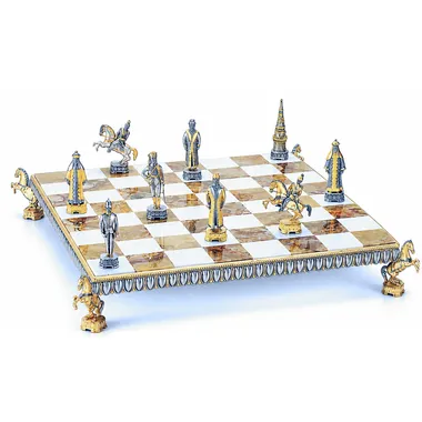 Set „Nikolaus II. der letzte Zar Russlands“ Schachbrett und Schachspiel aus Bronze, Onyx und 24 Karat Gold