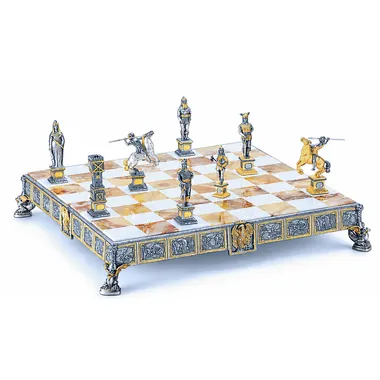 Set Prinz Siegfried Held der Nibelungen Schachbrett und Schachspiel aus Bronze, Onyx und 24-Karat-Gold