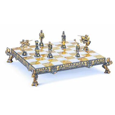 Set „König Arthur und Guinevere“ Schachbrett und Schachspiel aus Bronze, Onyx und 24 Karat Gold