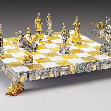 Set "Venezianische Mittelalter" Schachbrett und Schachspiel aus Bronze, Onyx und 24 Karat Gold