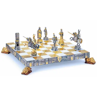 Set "Venezianische Mittelalter" Schachbrett und Schachspiel aus Bronze, Onyx und 24 Karat Gold