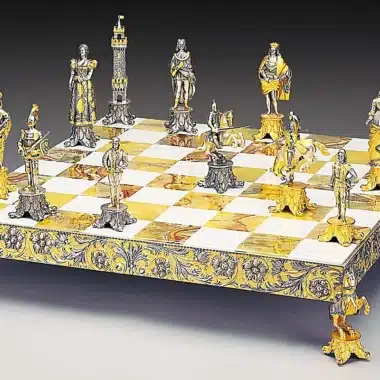Medici Vs Pazzi Schachbrett und Schachspiel aus Bronze, Onyx und 24 Karat Gold