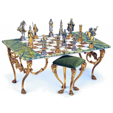 XL-Set Charlemage König der Karolinger gegen Mauren aus Spanien Rechteckiges Schachbrett und Schachspiel aus Bronze, Onyx und 24 Karat Gold