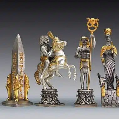 Ensemble "Bataille d'Actium Egyptiens vs Romains" Table d'Echiquier Carrée et Jeu d'Echecs en Bronze, Onyx et Or 24 Carats