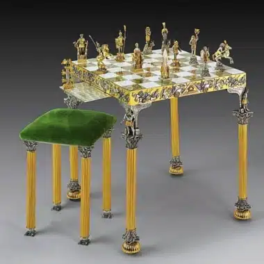 Ägyptische vs Römische Schlacht von Actium Schachbrett Set Quadratisch und Schachspiel aus Bronze, Onyx und 24 Karat Gold