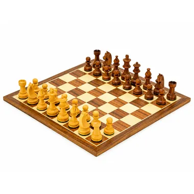 Set "Knight Academy" Schachbrett aus Nussbaum- und Ahornholz & Schachspiel aus Rosenholz