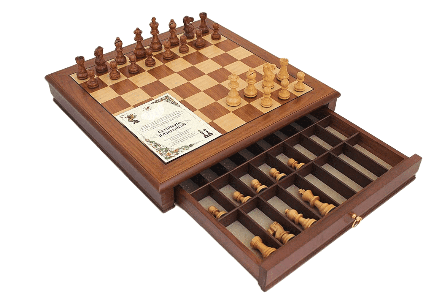 Set "Tilleul Small" Schachbrett aus Nussbaum mit Aufbewahrungsschublade & Staunton Schachspiel aus Holz – Bild 2