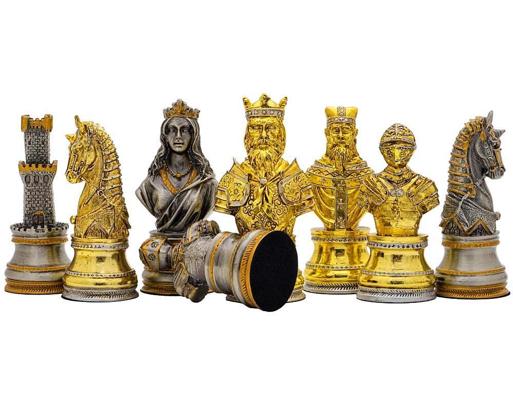 Hochwertiges Mittelalter Bust-Set Schachbrett aus Ulmen- und Heideholz & Schachspiel aus massivem Zinn, vergoldet und versilbert – Bild 3