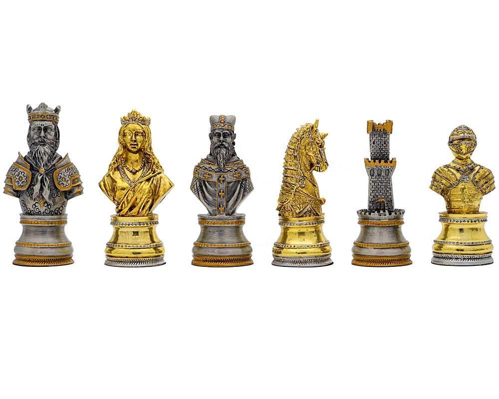 Hochwertiges Mittelalter Bust-Set Schachbrett aus Ulmen- und Heideholz & Schachspiel aus massivem Zinn, vergoldet und versilbert – Bild 7