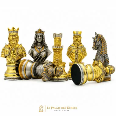 Figuren mit mittelalterlichen Büsten, König, Dame, Turm und Springer gold- und silberplattiert