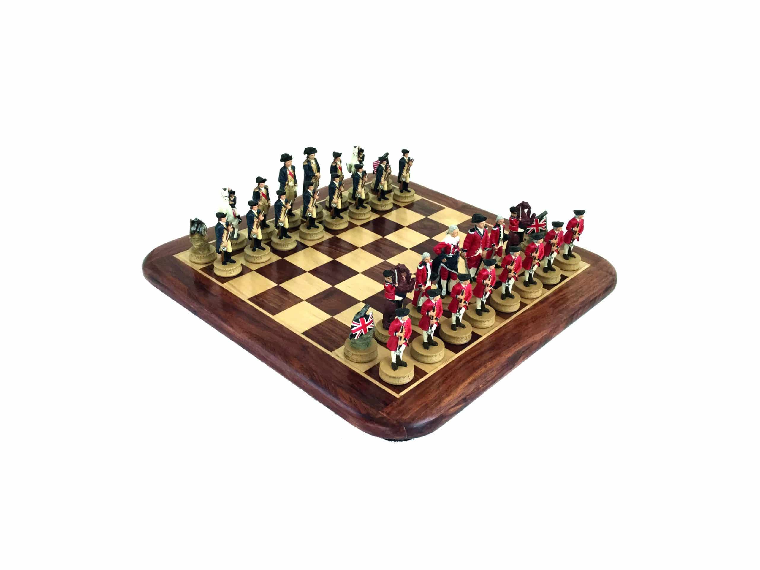 Revolutionäres Amerika II Schachset aus Goldrosenholz und Ahorn & Schachspiel aus Zinn